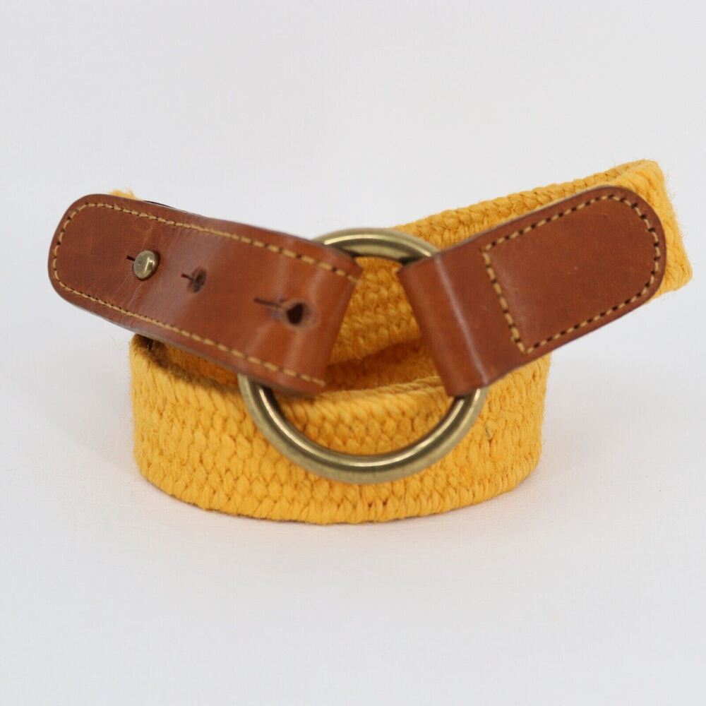 Linea Pelle Belt Medium Orange Gold Jute Stretch Leather Trim Brass Ring Tab